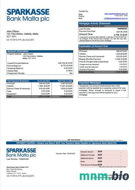 Malta Sparkasse Bank Malta PLC wyciąg z kredytu hipotecznego szablon Word i PDF